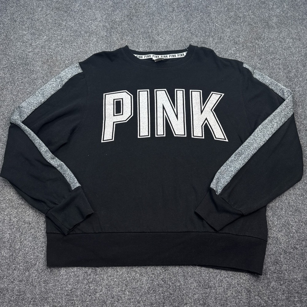 Victorias Secret PINK Sweater Womens Size Large Black Silver Glitter Pullover